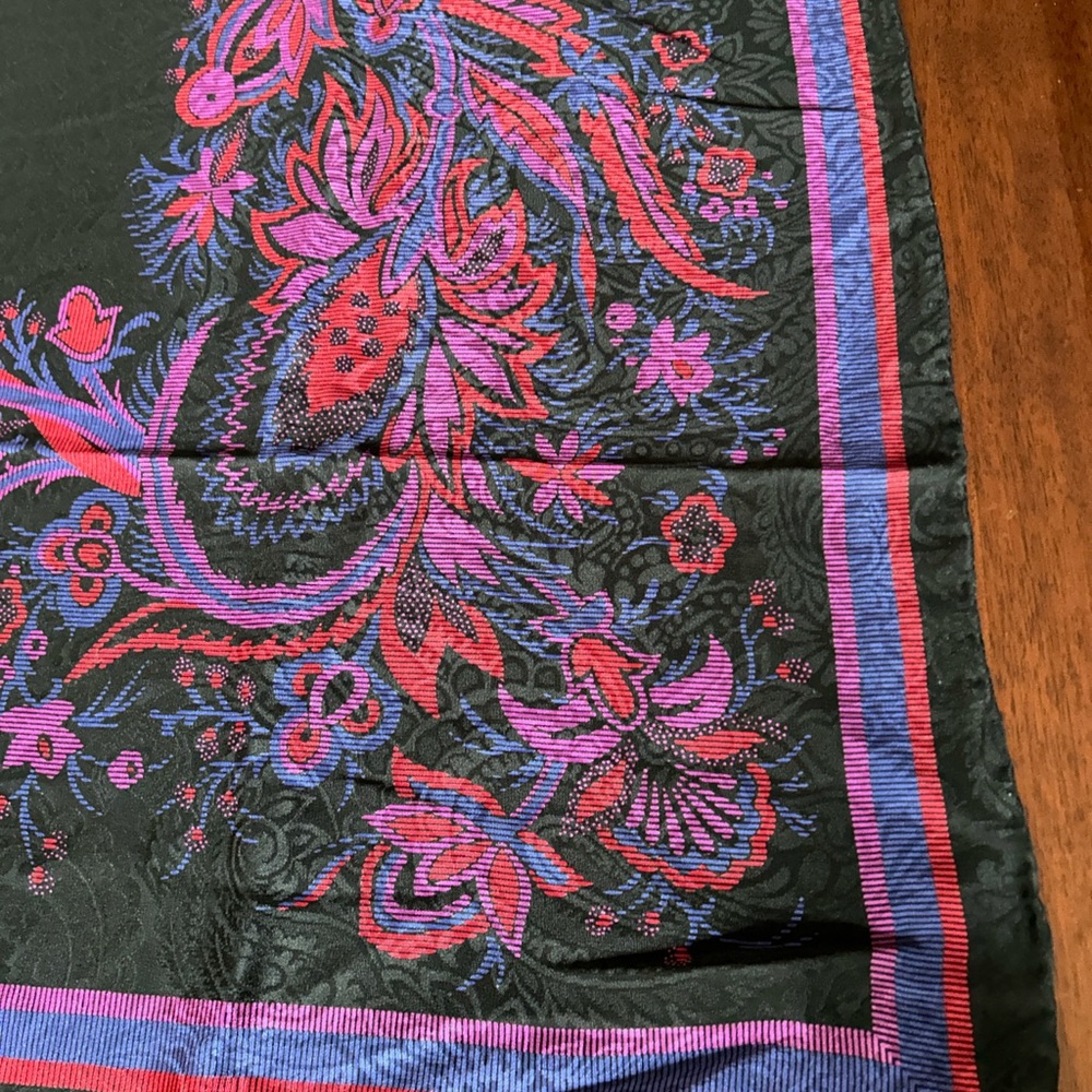 Carlisle Black Scarf with Purple and Pink Floral Accents silk 32“ x 32“ - Picture 6 of 8